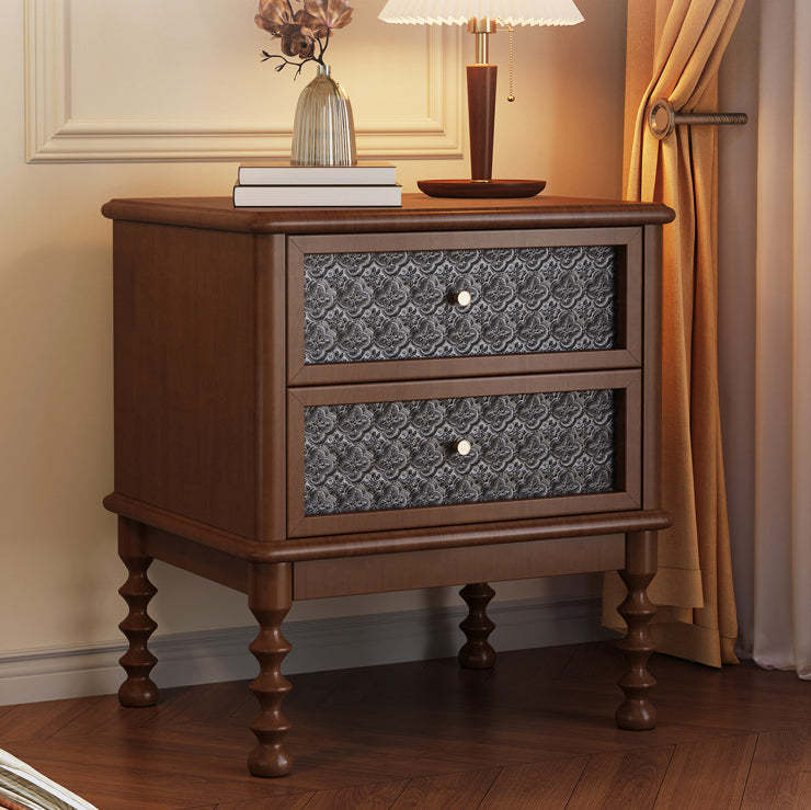 Retro Wood Glass Metal Nightstand 2-Drawer — Walnut Color
