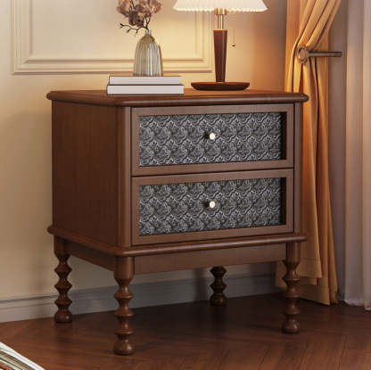 Retro Wood Glass Metal Nightstand 2-Drawer — Walnut Color