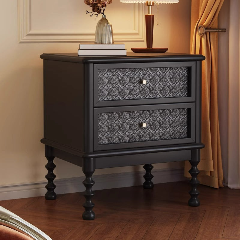 Retro Wood Glass Metal Nightstand 2-Drawer — Black