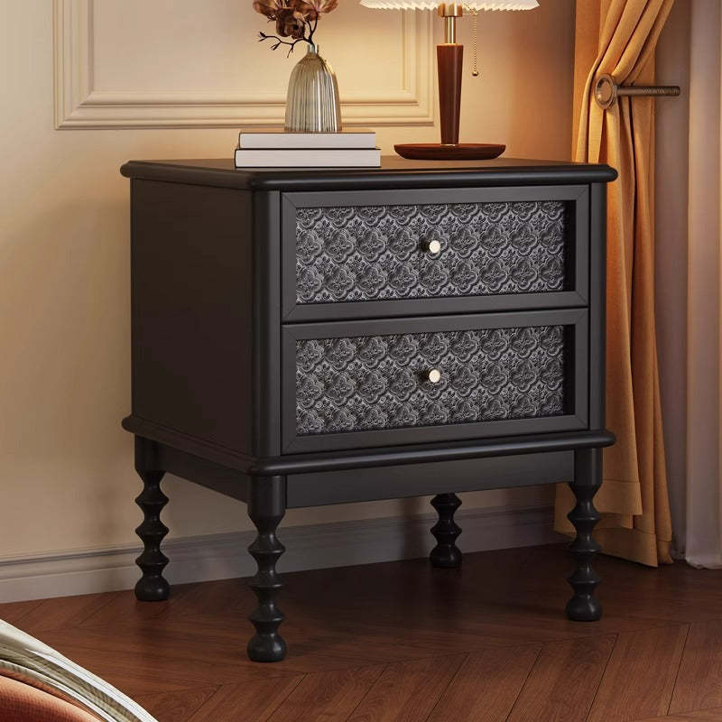 Retro Wood Glass Metal Nightstand 2-Drawer — Black