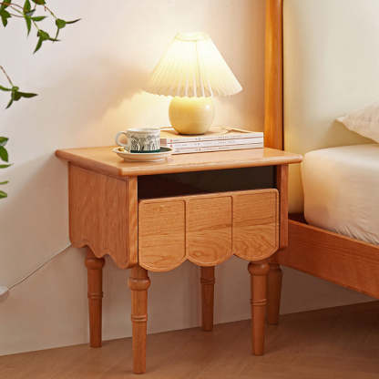 Japanese Cherry Wood Wave-Design 1-Drawer Nightstand