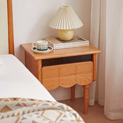 Japanese Cherry Wood Wave-Design 1-Drawer Nightstand