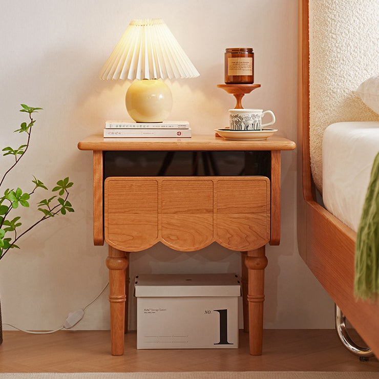 Japanese Cherry Wood Wave-Design 1-Drawer Nightstand