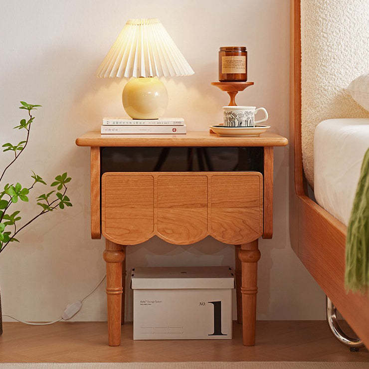Japanese Cherry Wood Wave-Design 1-Drawer Nightstand