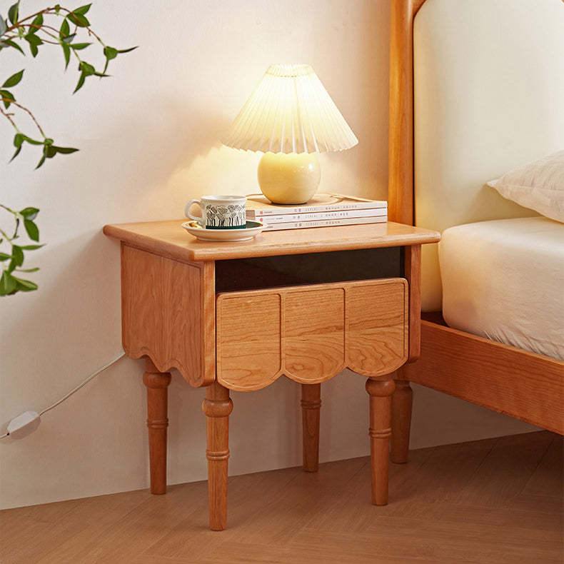 Japanese Cherry Wood Wave-Design 1-Drawer Nightstand — Cherry Wood Color