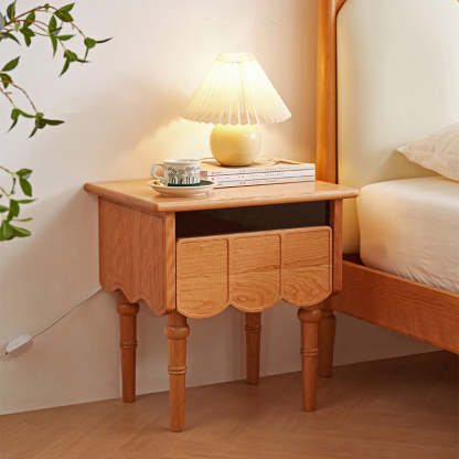 Japanese Cherry Wood Wave-Design 1-Drawer Nightstand — Cherry Wood Color