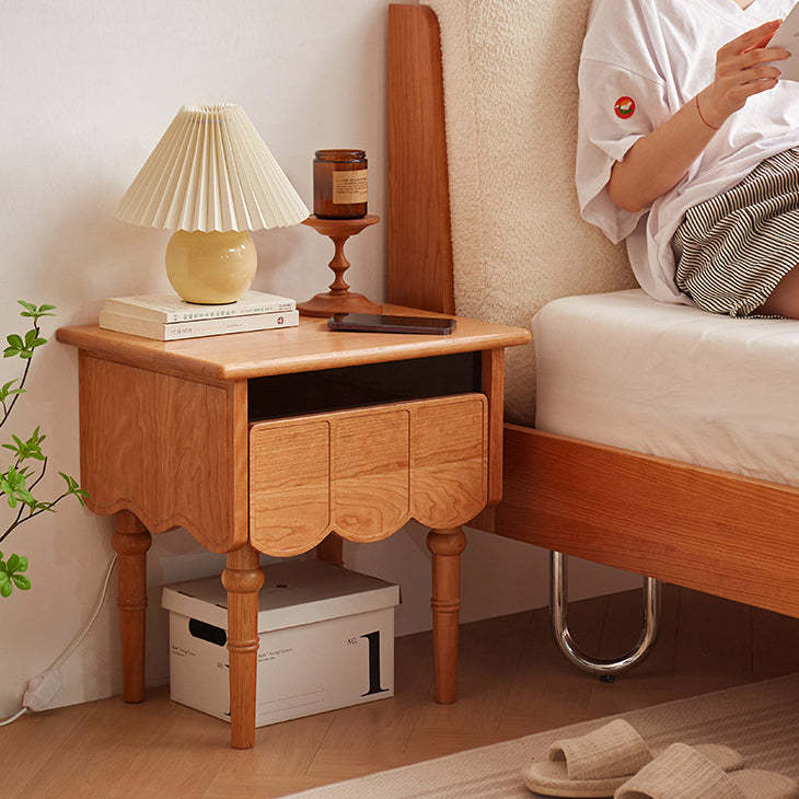 Japanese Cherry Wood Wave-Design 1-Drawer Nightstand