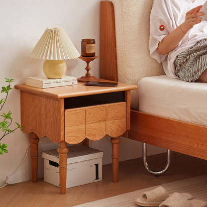 Japanese Cherry Wood Wave-Design 1-Drawer Nightstand
