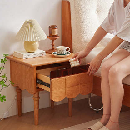 Japanese Cherry Wood Wave-Design 1-Drawer Nightstand