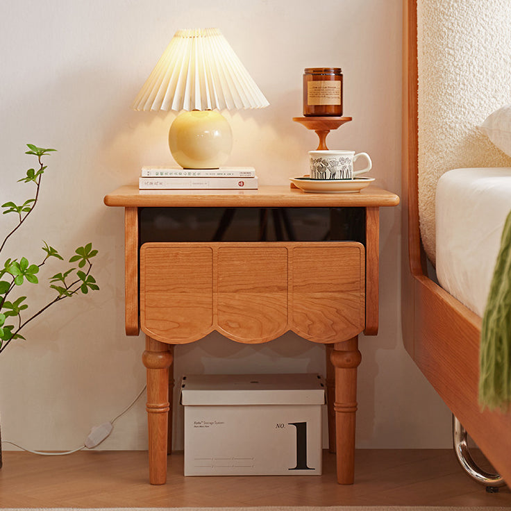 Japanese Cherry Wood Wave-Design 1-Drawer Nightstand