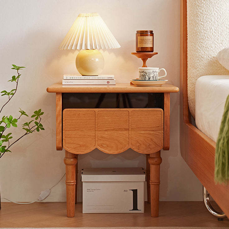 Japanese Cherry Wood Wave-Design 1-Drawer Nightstand