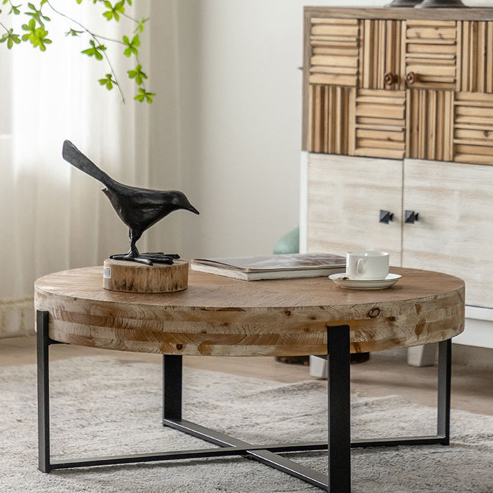 Vintage Wood Iron X-Leg Round Coffee Table