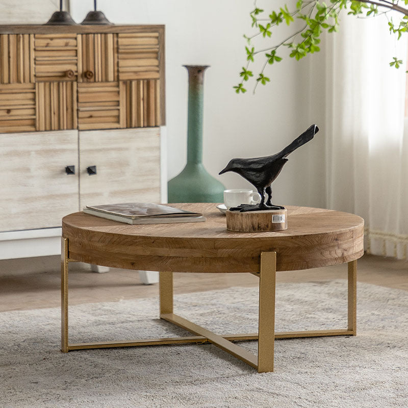 Vintage Wood Iron X-Leg Round Coffee Table