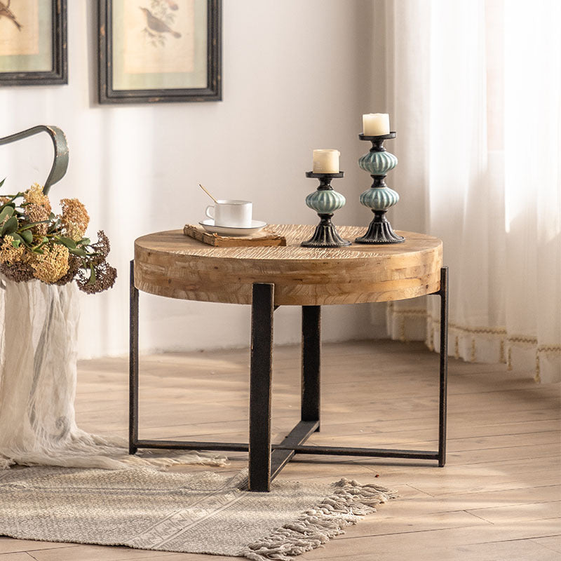 Vintage Wood Iron X-Leg Round Coffee Table