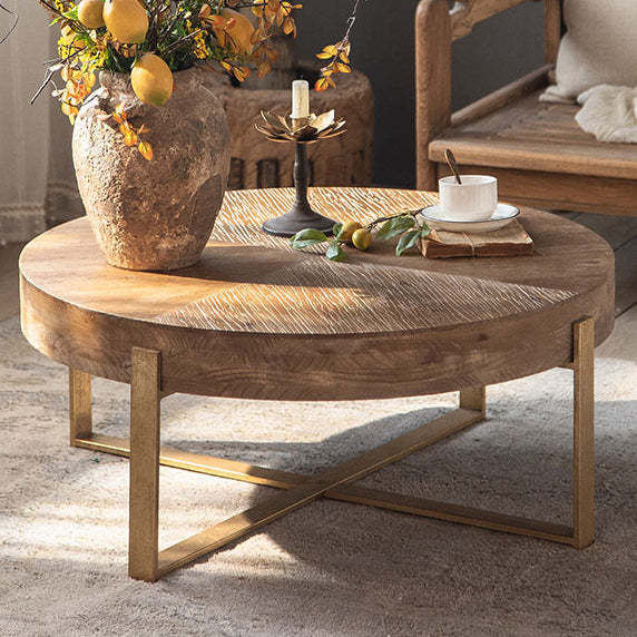 Vintage Wood Iron X-Leg Round Coffee Table — Large - Black