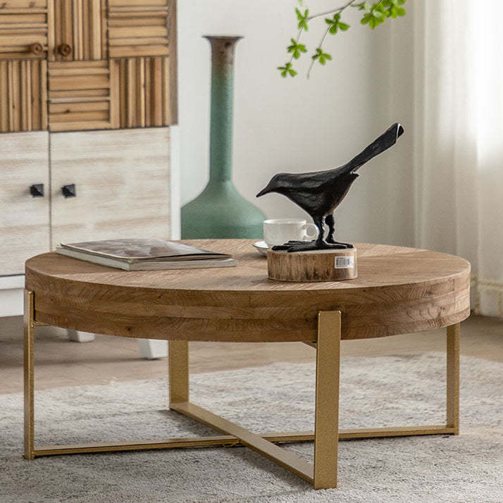 Vintage Wood Iron X-Leg Round Coffee Table