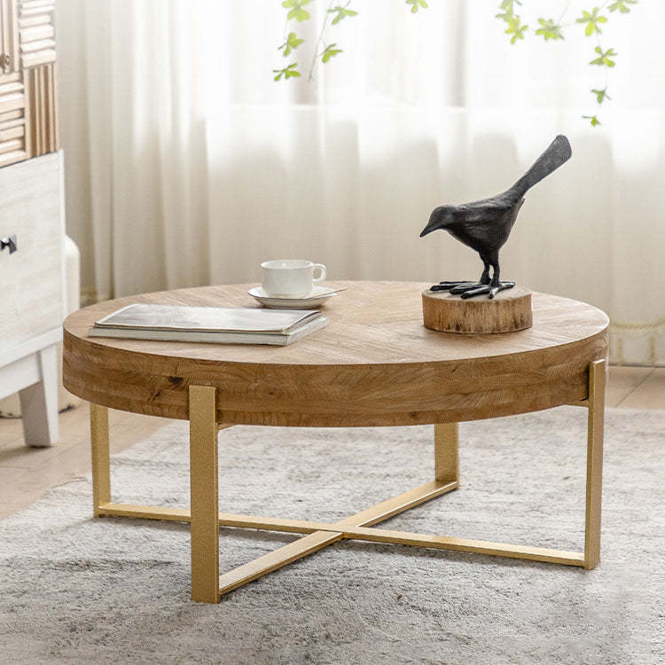 Vintage Wood Iron X-Leg Round Coffee Table — Large - Gold