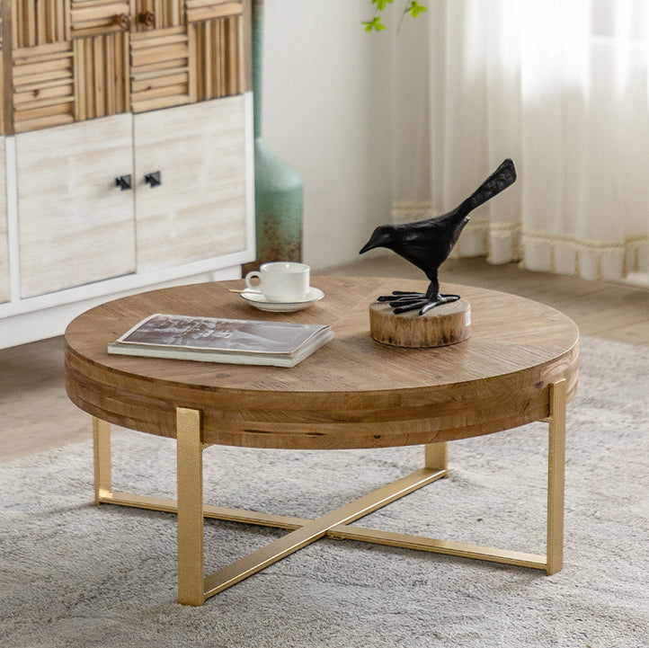 Vintage Wood Iron X-Leg Round Coffee Table