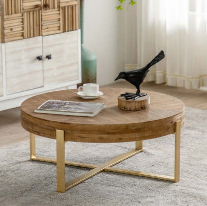 Vintage Wood Iron X-Leg Round Coffee Table