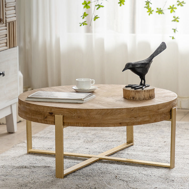 Vintage Wood Iron X-Leg Round Coffee Table