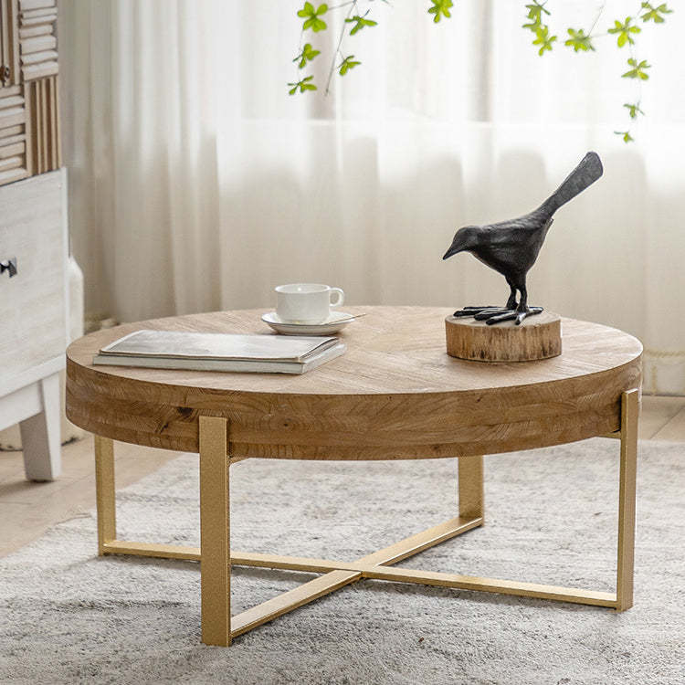 Vintage Wood Iron X-Leg Round Coffee Table