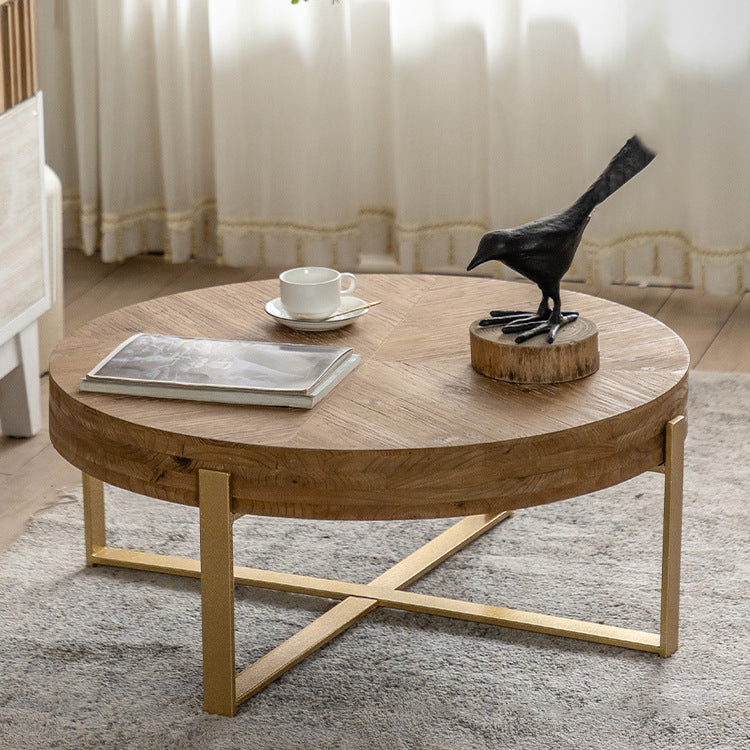 Vintage Wood Iron X-Leg Round Coffee Table