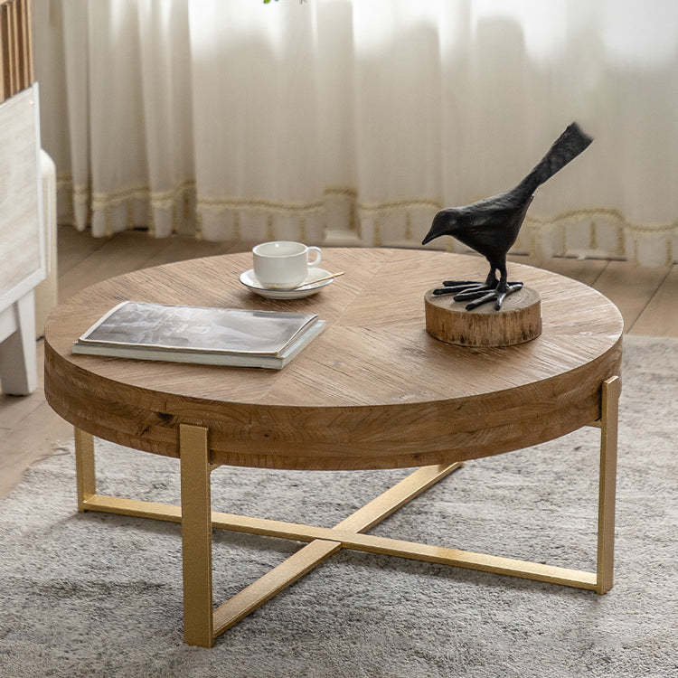 Vintage Wood Iron X-Leg Round Coffee Table
