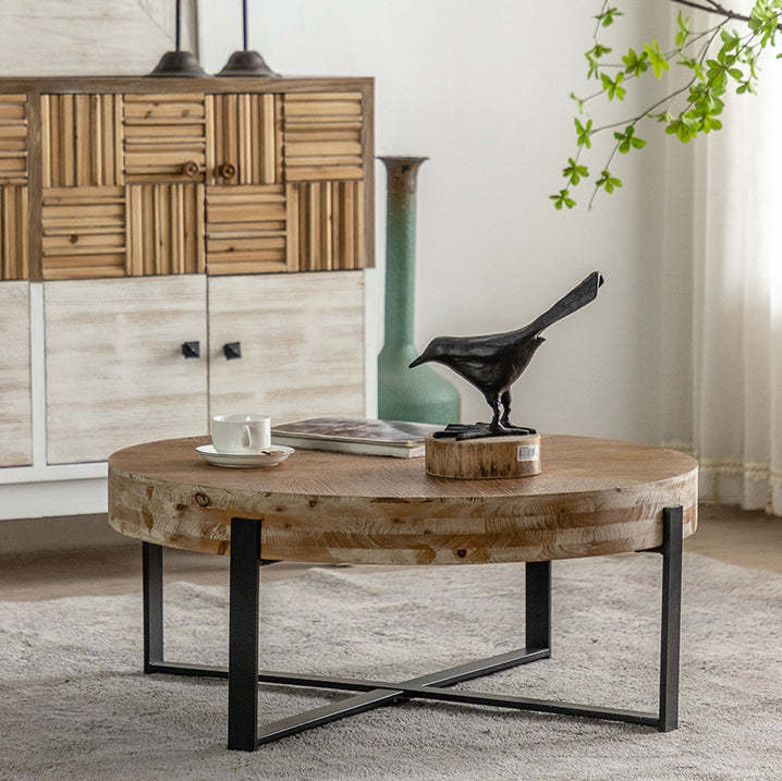 Vintage Wood Iron X-Leg Round Coffee Table