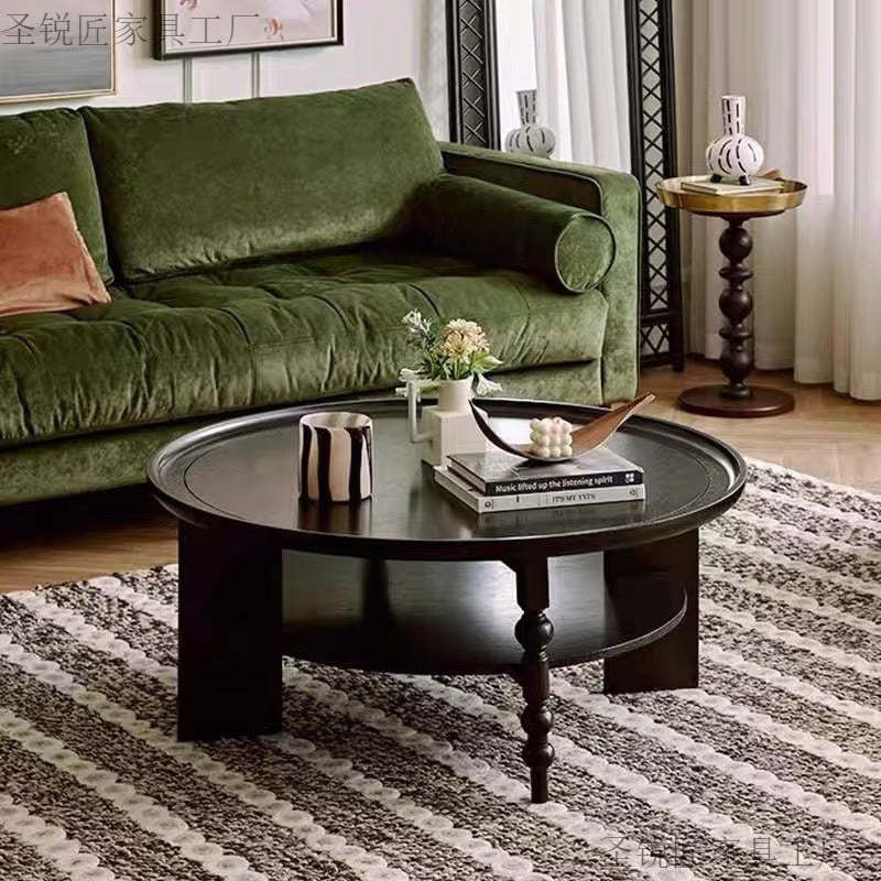 Retro Wood Roman Column Coffee Table 2-Tier — Black