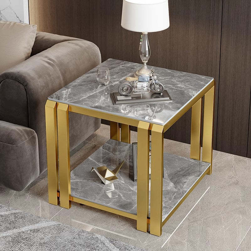 Gray traditional 2-tier slab end & side tables — 15.75" L x 15.75" W x 21.65" H / Gold