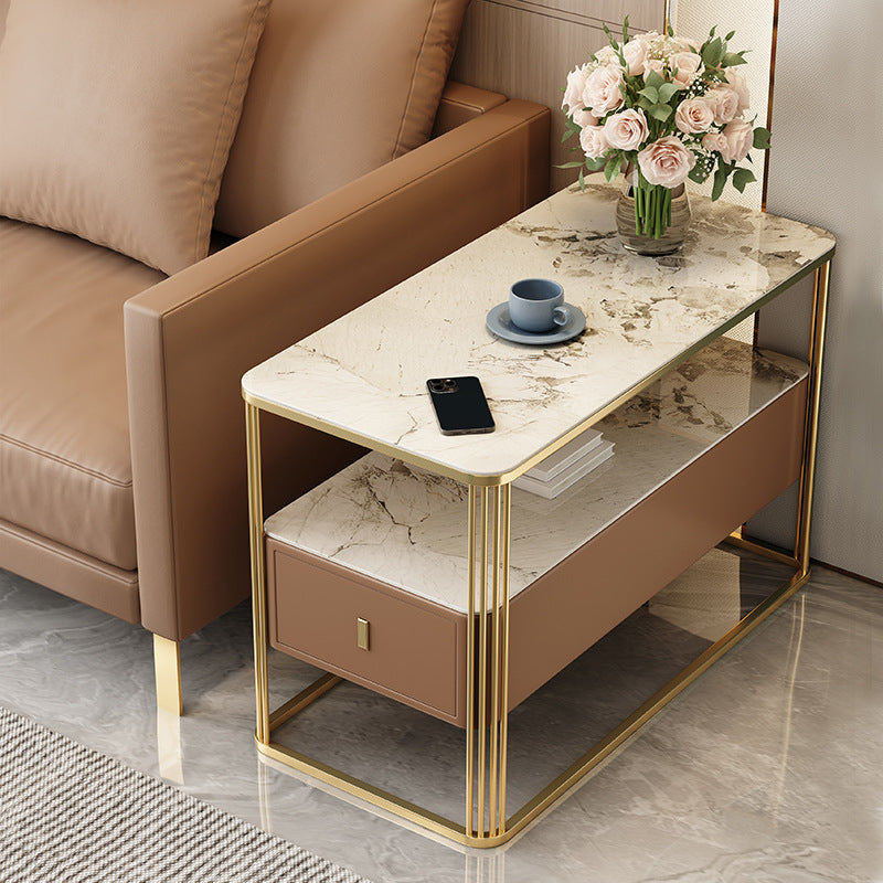 Modern Porcelain Slab Microfiber Leather 2-Tier Side Table — Light Gray