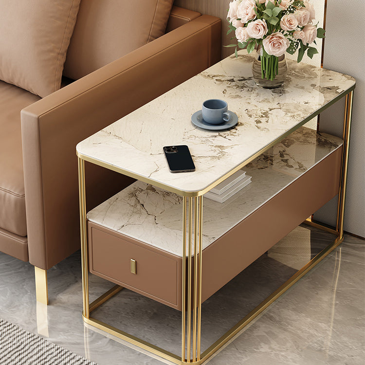 Modern Porcelain Slab Microfiber Leather 2-Tier Side Table