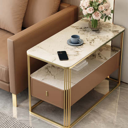 Modern Porcelain Slab Microfiber Leather 2-Tier Side Table