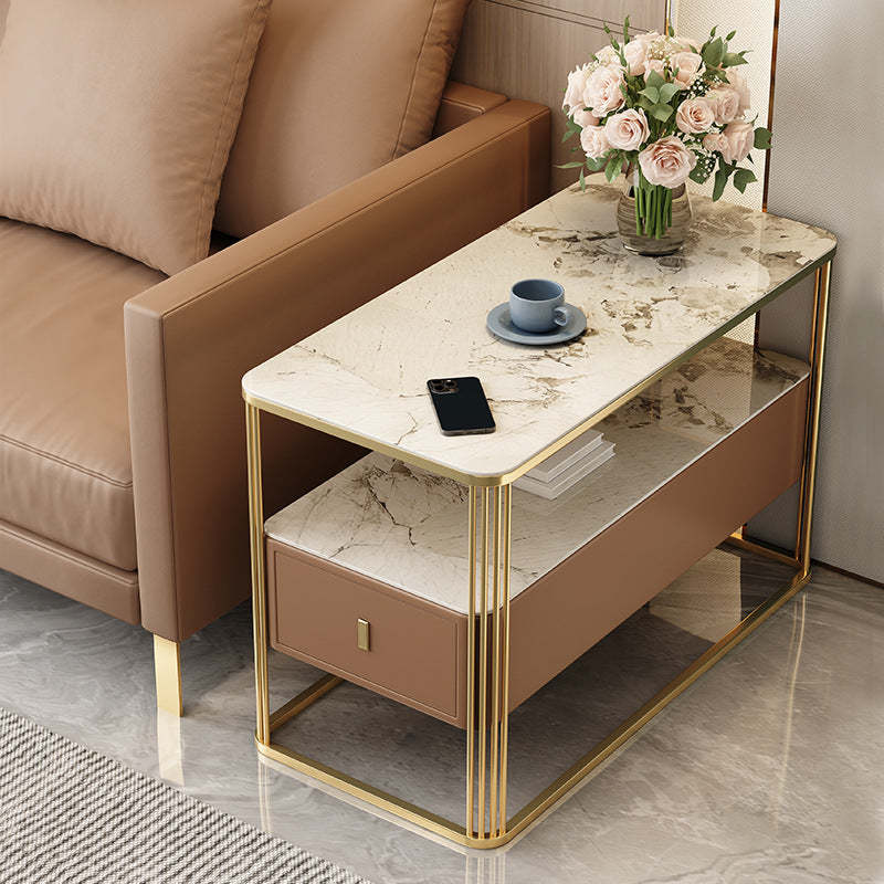 Modern Porcelain Slab Microfiber Leather 2-Tier Side Table — Light Gray
