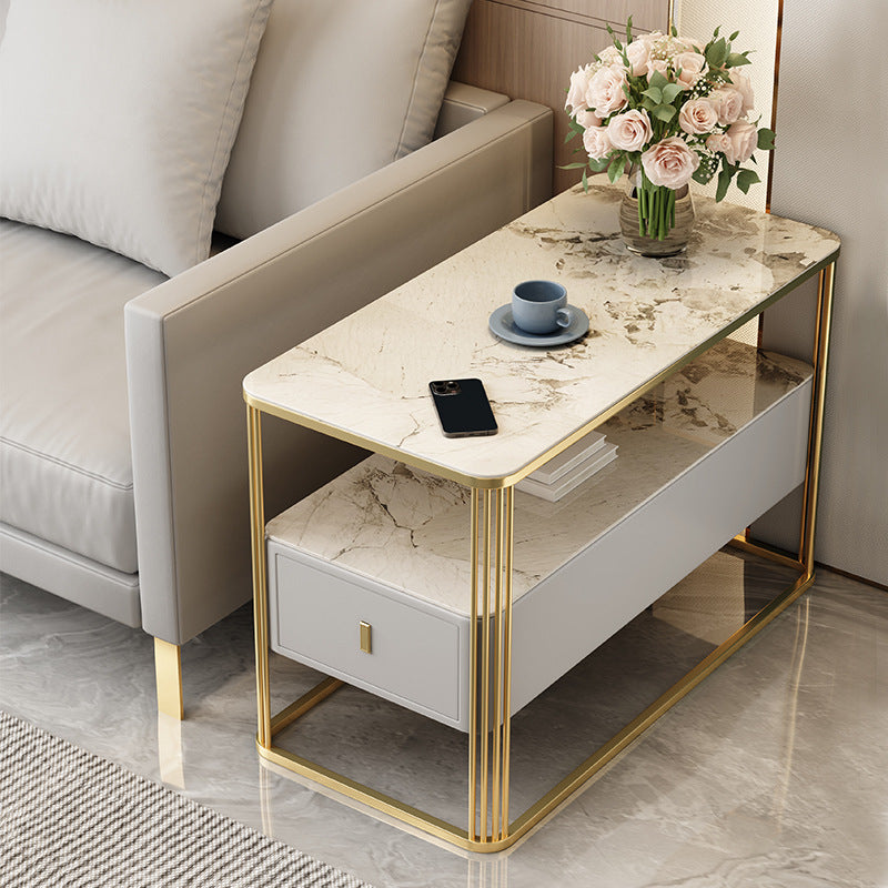 Modern Porcelain Slab Microfiber Leather 2-Tier Side Table