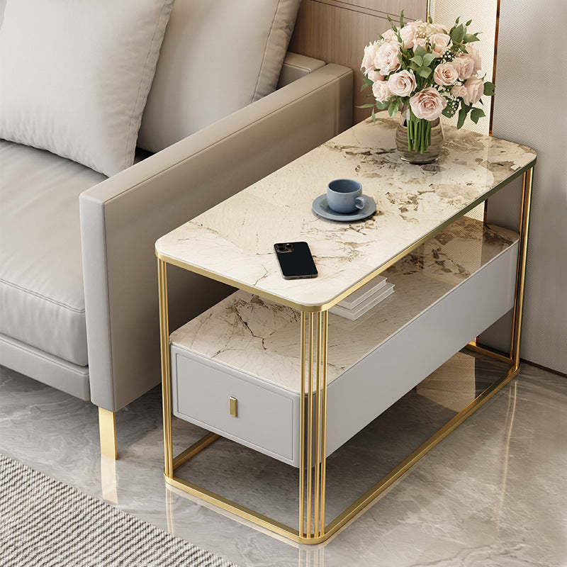 Modern Porcelain Slab Microfiber Leather 2-Tier Side Table — Brown