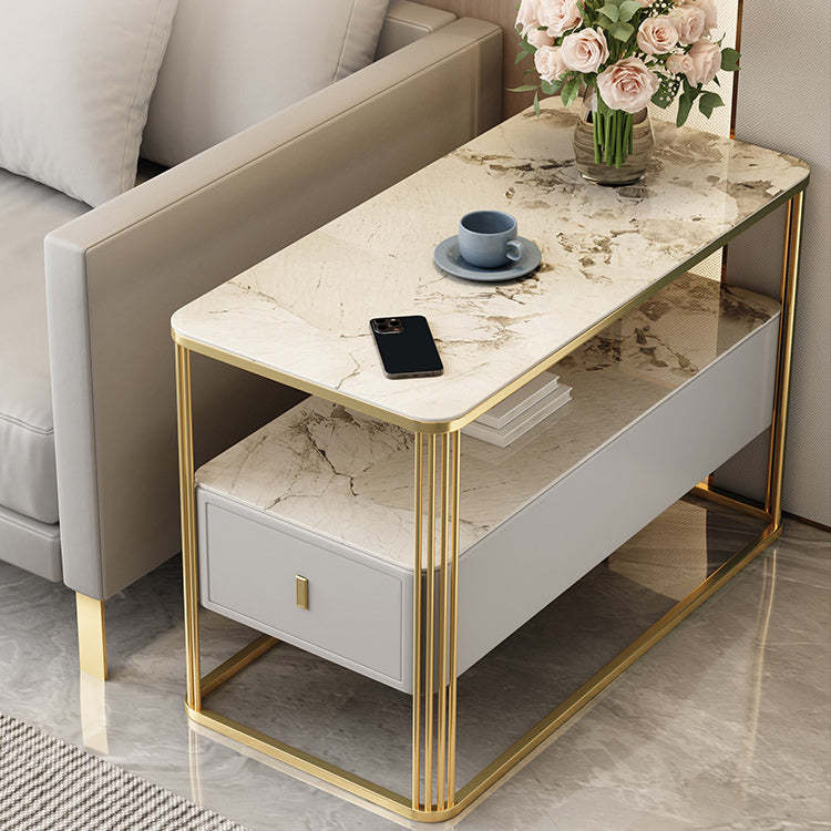 Modern Porcelain Slab Microfiber Leather 2-Tier Side Table
