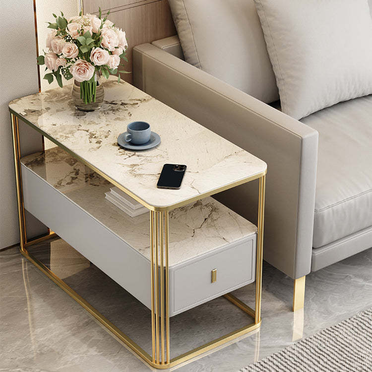 Modern Porcelain Slab Microfiber Leather 2-Tier Side Table