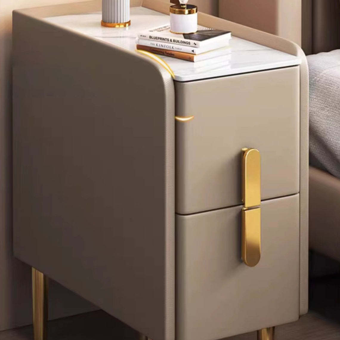 Nordic Slab Leather Wood 2-Drawer Nightstand
