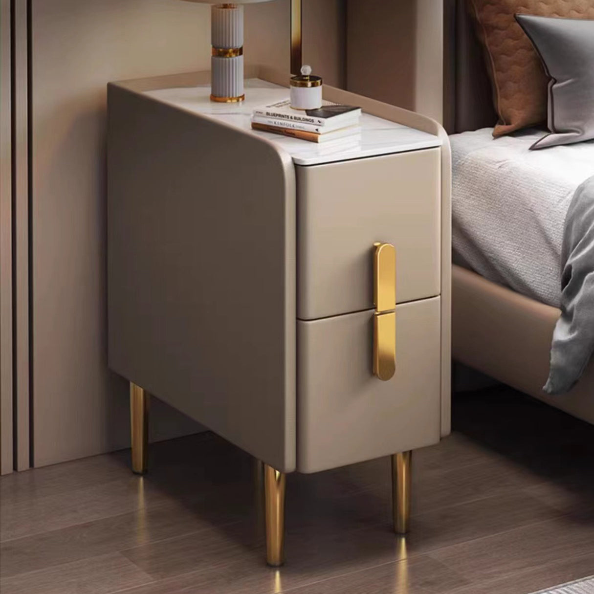 Nordic Slab Leather Wood 2-Drawer Nightstand