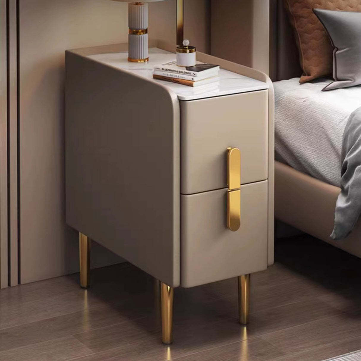 Nordic Slab Leather Wood 2-Drawer Nightstand