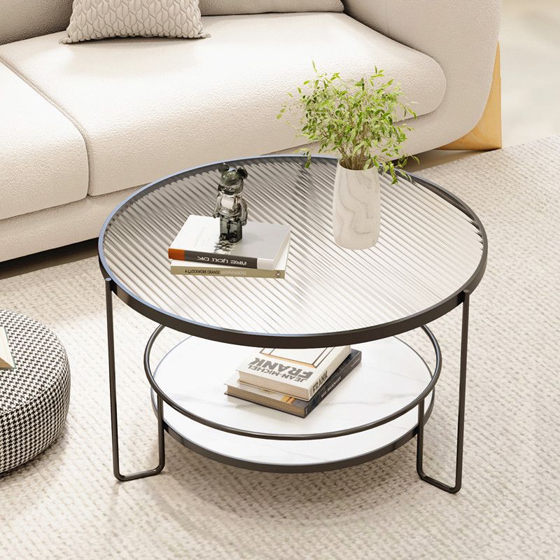 Minimalist Iron Stone Glass 2-Tier Coffee Table — White + Ribbed Glass