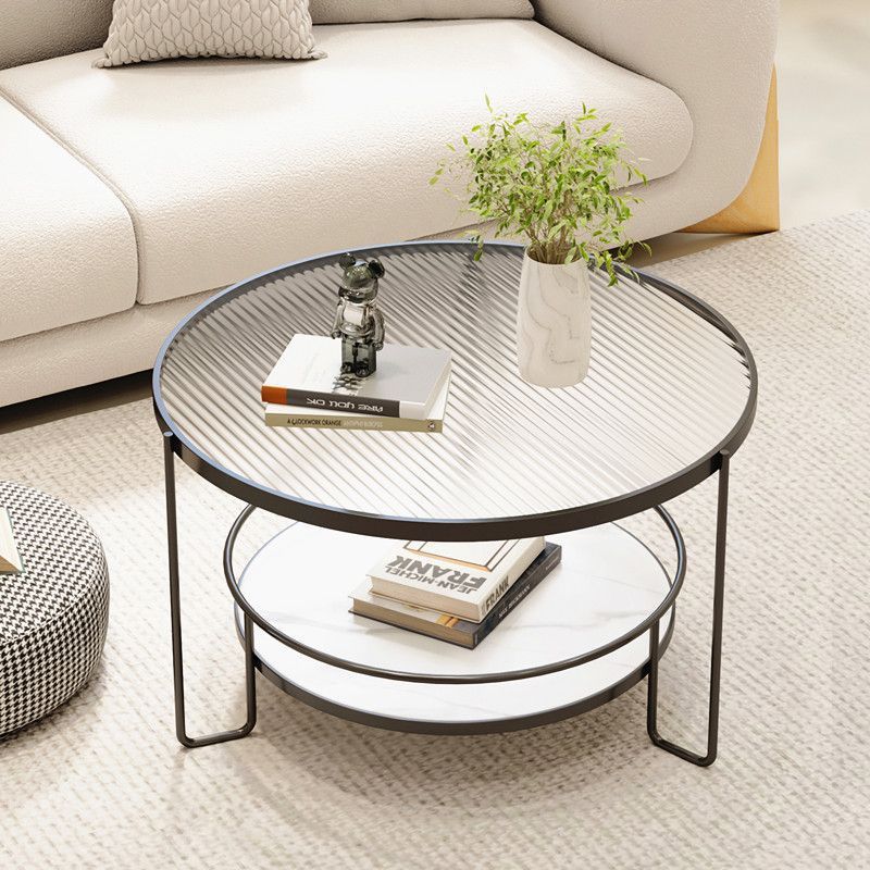 Round 2-tier iron coffee tables for balcony — 17.5" H x 23.5" Dia / Striped / Black
