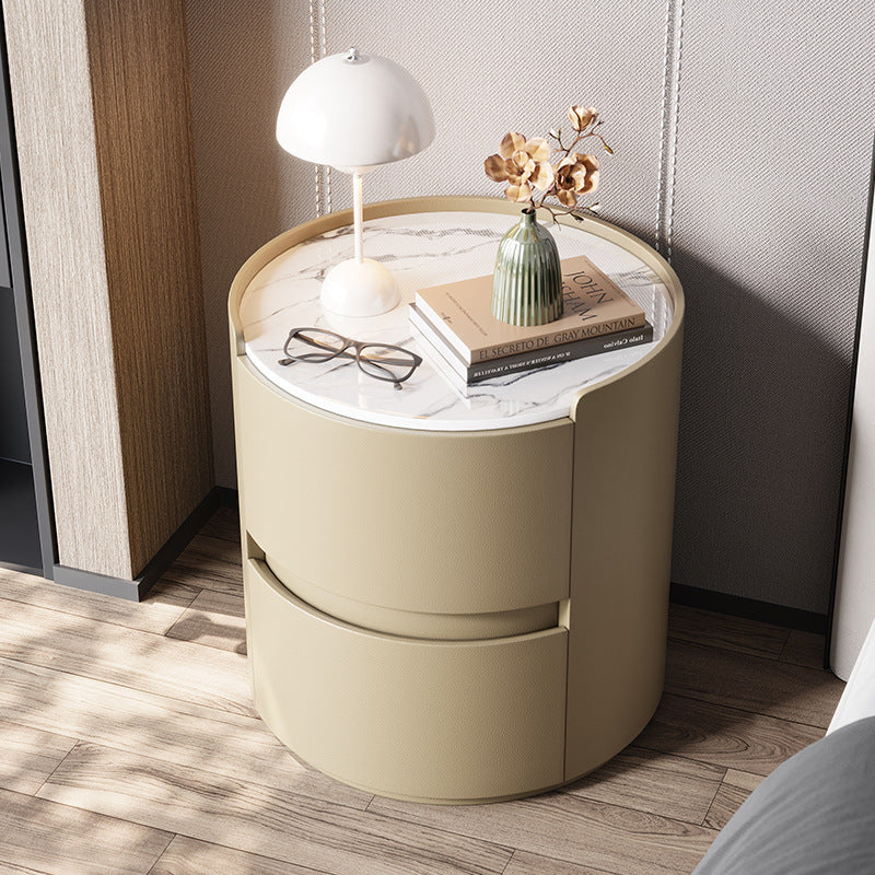 Minimalist Leather Velvet Rock Slab 2-Drawer — Champagne Color