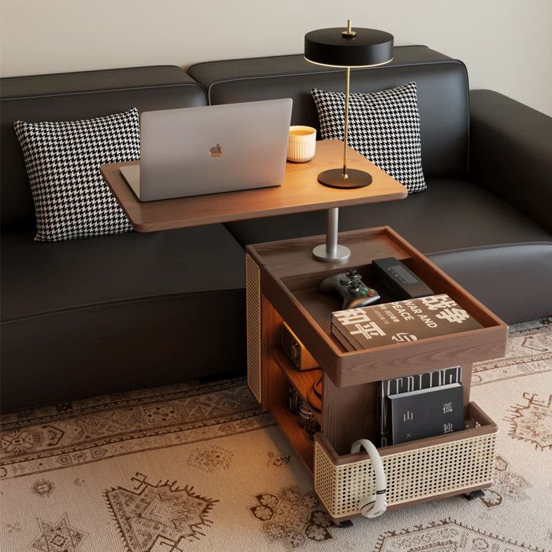 Retro Solid Wood Rattan Glass Metal Bus-Shaped Side Table
