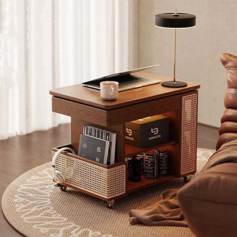 Retro Solid Wood Rattan Glass Metal Bus-Shaped Side Table — Wood / Wood Color