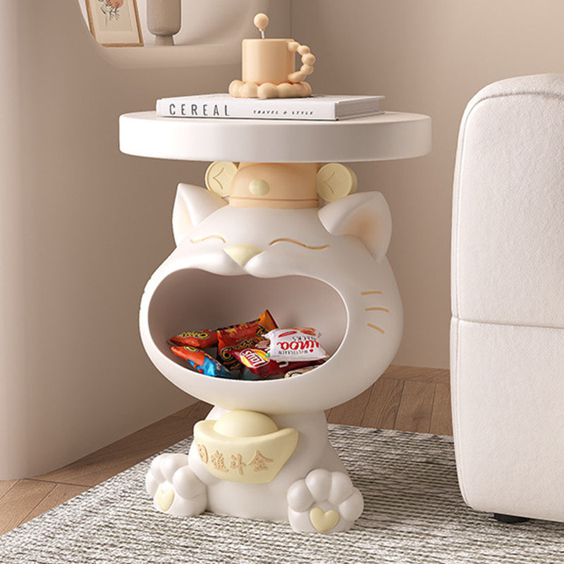Resin Lucky Cat Round Side Table — White + Creamy Yellow
