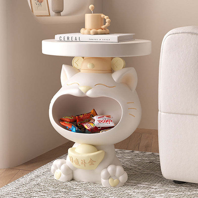 Resin Lucky Cat Round Side Table — White + Creamy Yellow