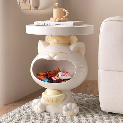 Resin Lucky Cat Round Side Table — White + Creamy Yellow