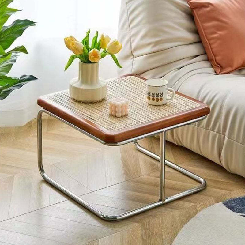Striped retro wood coffee tables, Lighom — 15.75" H x 19.69" Dia / Rattan / Cherry